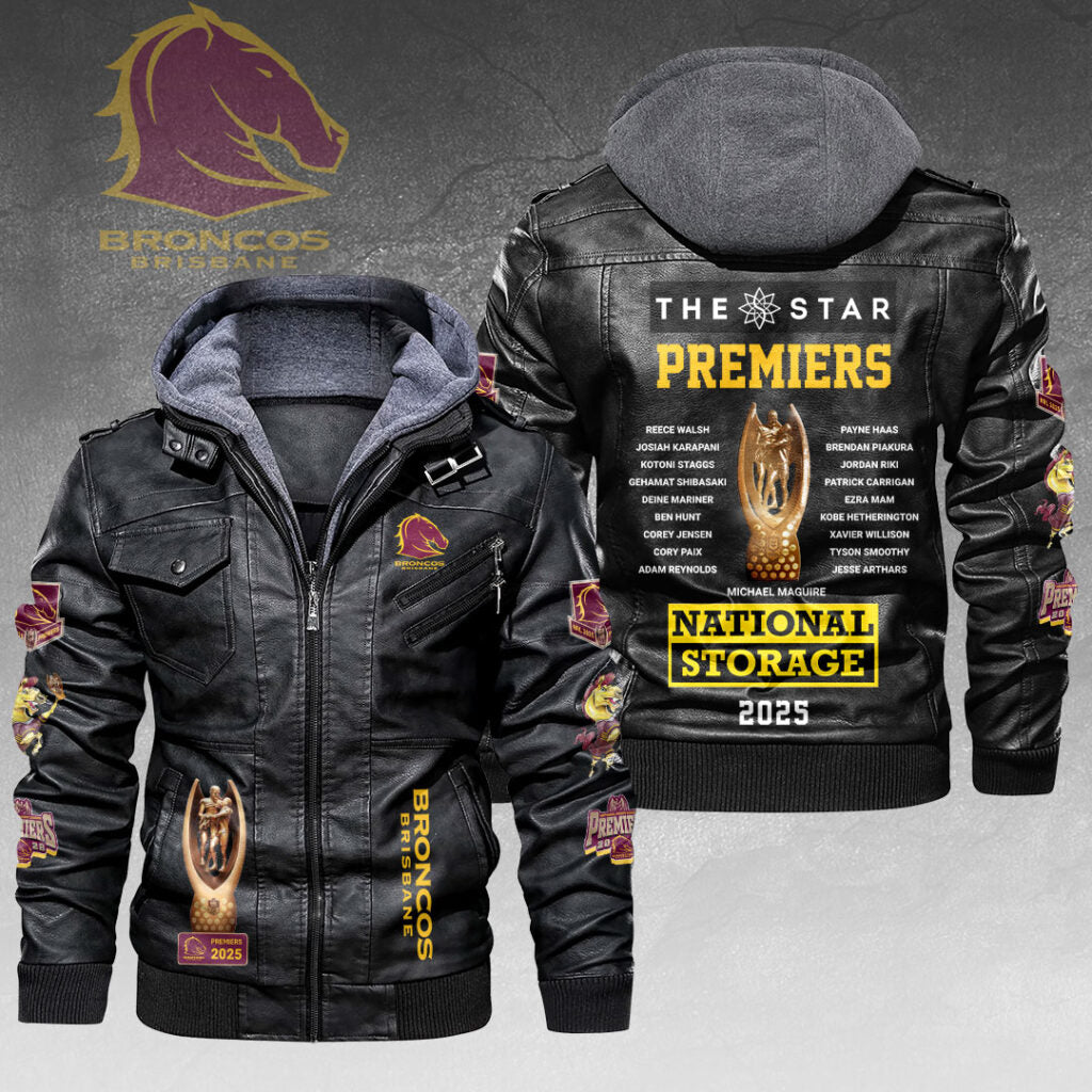 Brisbane Broncos 2025 NRL Premiers 2D Leather Hooded Jacket – HOATT14068