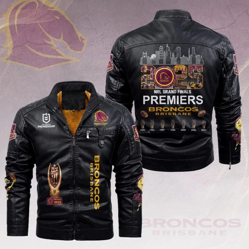 Brisbane Broncos 2025 NRL Premiers 2D Leather Yellow Fleece Jacket – HOATT14367