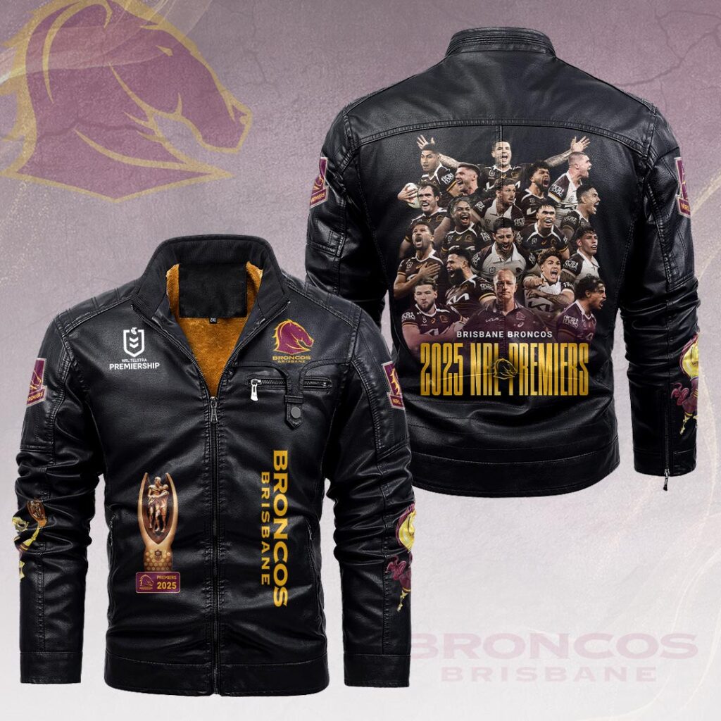 Brisbane Broncos 2025 NRL Premiers 2D Leather Yellow Fleece Jacket – HOATT14658