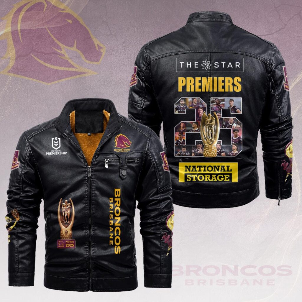 Brisbane Broncos 2025 NRL Premiers 2D Leather Yellow Fleece Jacket – HOATT14660