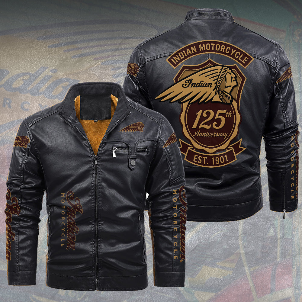 Indian Motorcycle 125th Anniversary 2D Leather Yellow Fleece Jacket – TMTHU8560