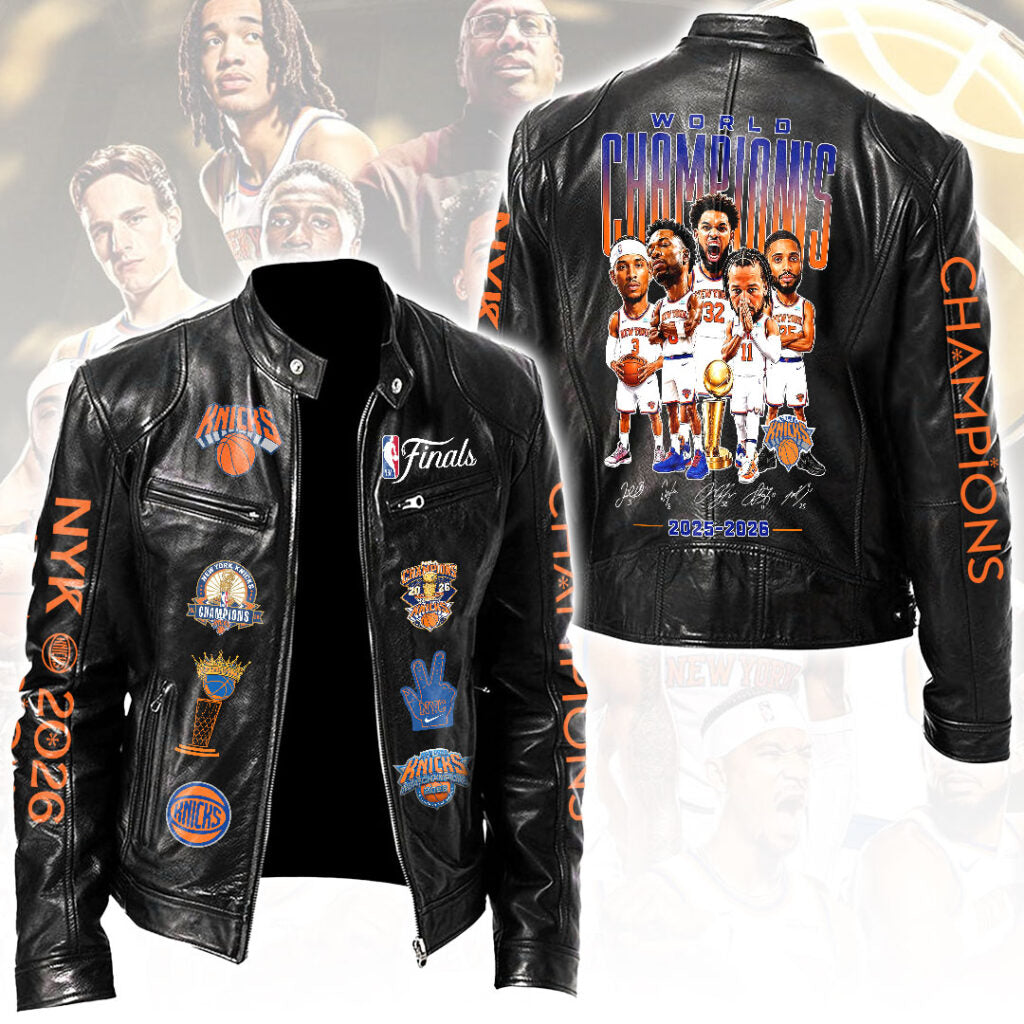 New York Knicks 2026 NBA Finals Champions Motorcycle Leather Jacket – HOATT19541