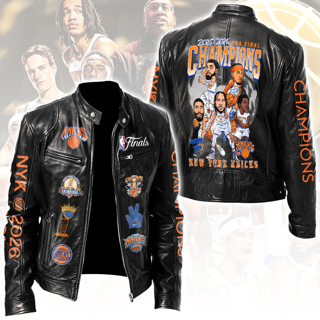 New York Knicks 2026 NBA Finals Champions Motorcycle Leather Jacket – HOATT19543