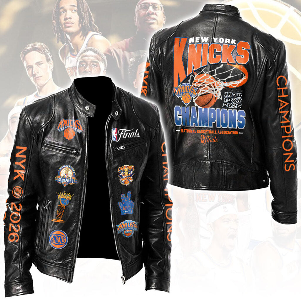 New York Knicks 2026 NBA Finals Champions Motorcycle Leather Jacket – HOATT19505