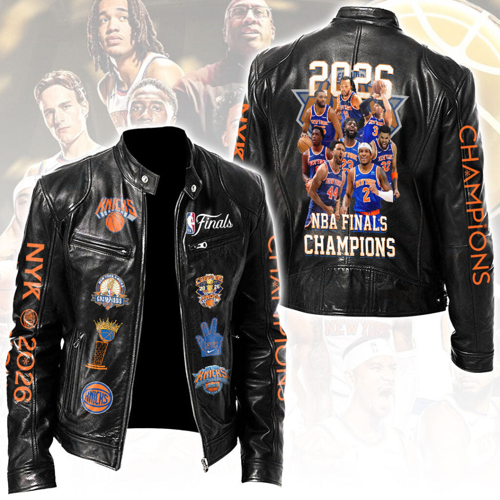 New York Knicks 2026 NBA Finals Champions Motorcycle Leather Jacket – HOATT19506