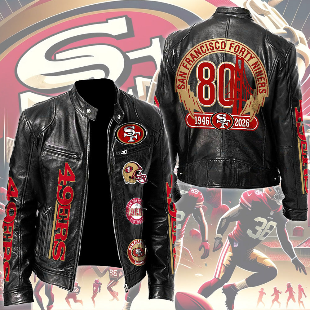 San Francisco 49ers 80th Anniversary Motorcycle Leather Jacket – TMTHU3893