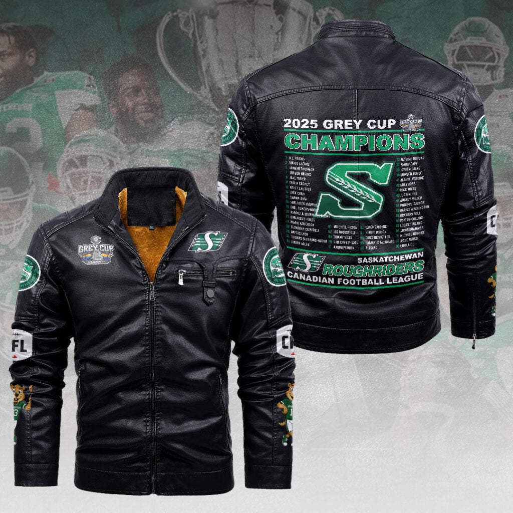 Saskatchewan Roughriders 2025 Grey Cup Champions 2D Leather Yellow Fleece Jacket – HOATT14722