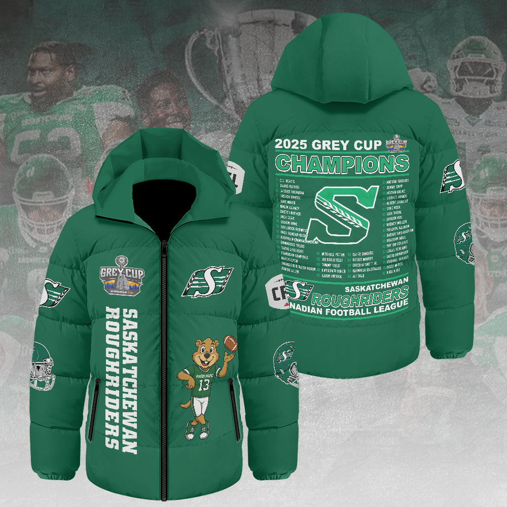 Saskatchewan Roughriders 2025 Grey Cup Champions Thickened Down Hooded Jacket – HOATT14949