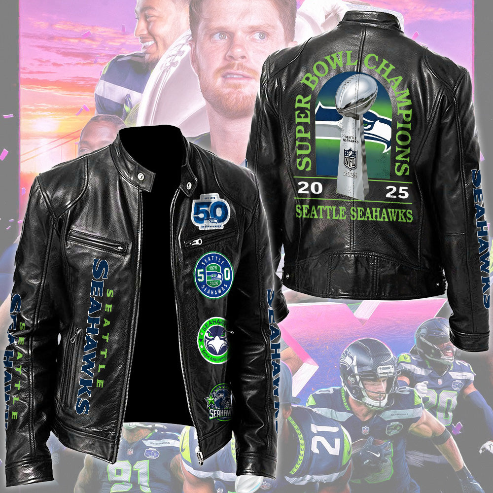 Seattle Seahawks 2025 Super Bowl LX Champions Motorcycle Leather Jacket – TMTHU4022