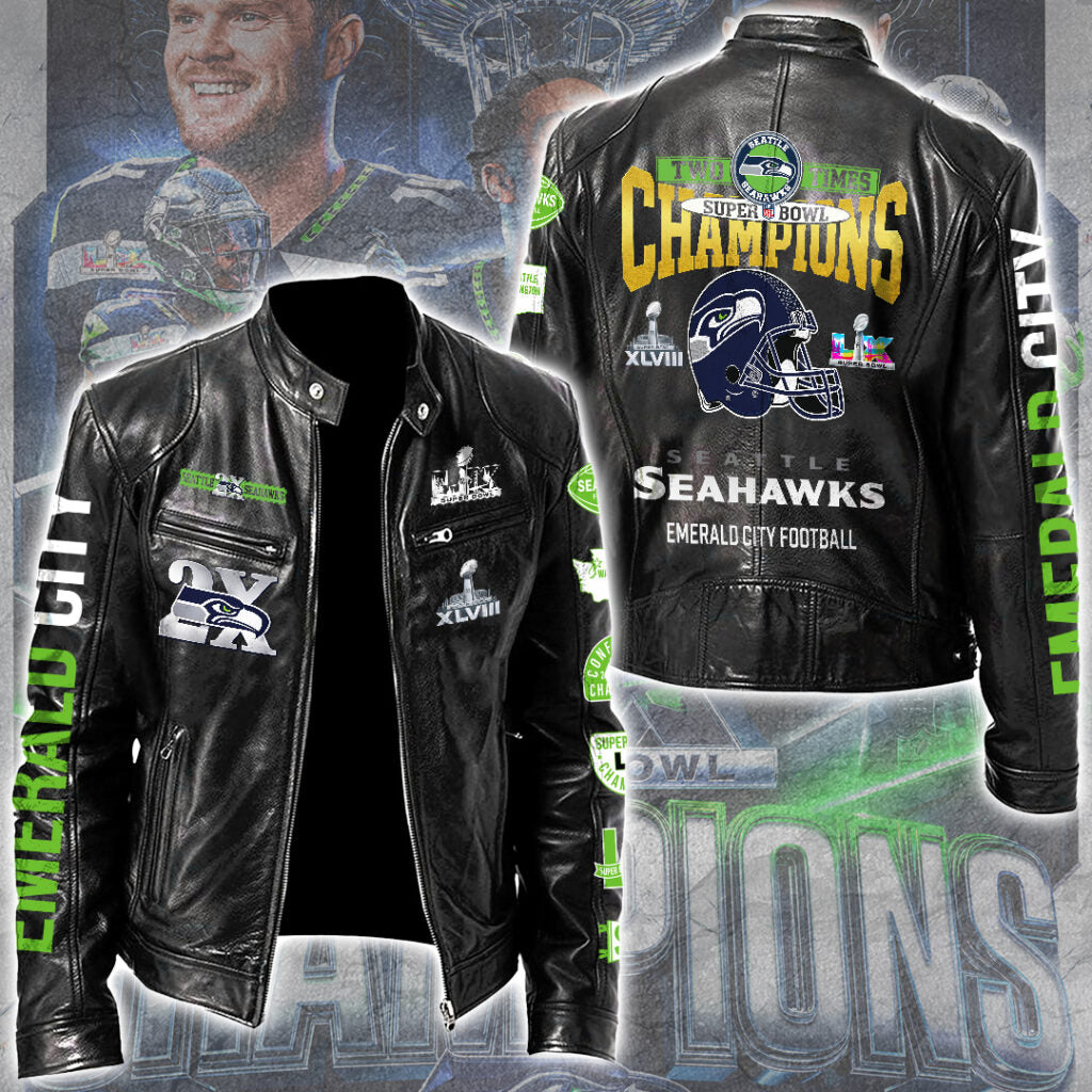 Seattle Seahawks 2025 Super Bowl LX Champions Motorcycle Leather Jacket – GNE5345